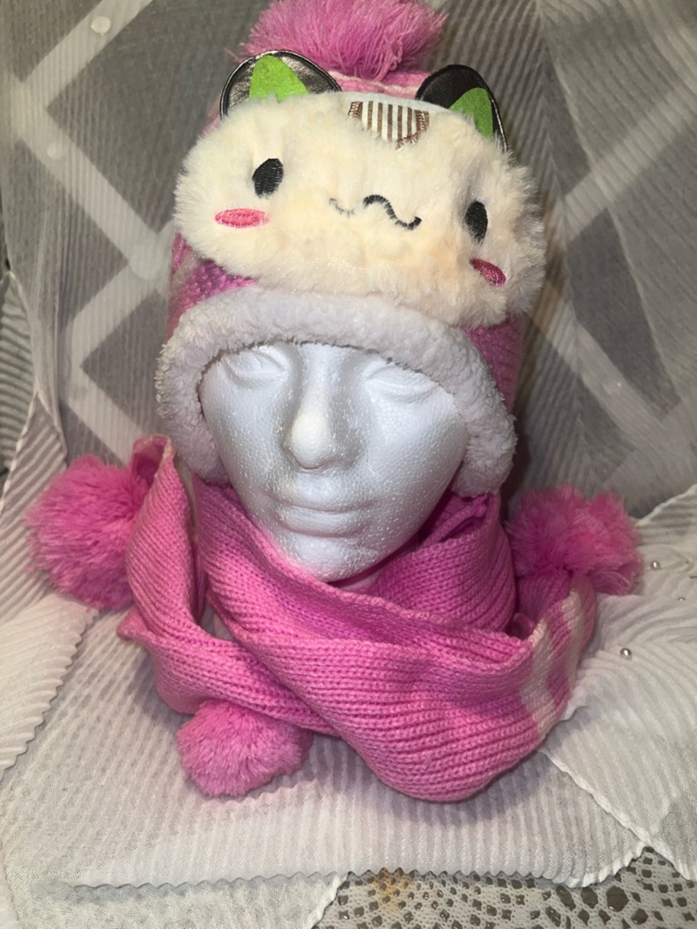 Kids Pink Plush Character Winter Hat and Scarf Set